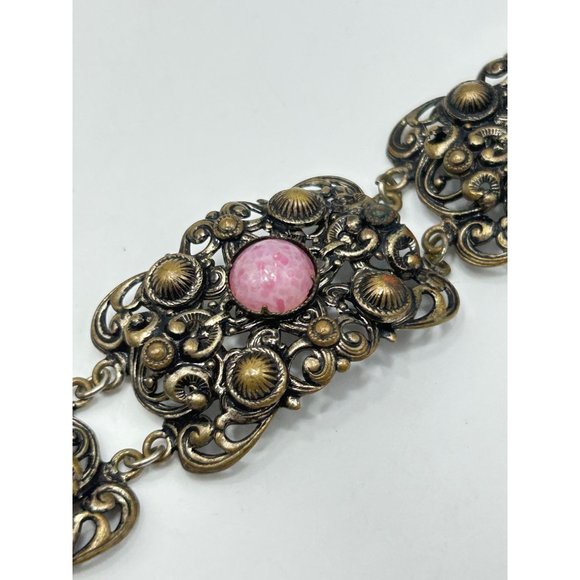 Vintage Filigree Bracelet Pink Glass Cabochons Panel Bracelet Brass Tone Metal - Picture 6 of 8